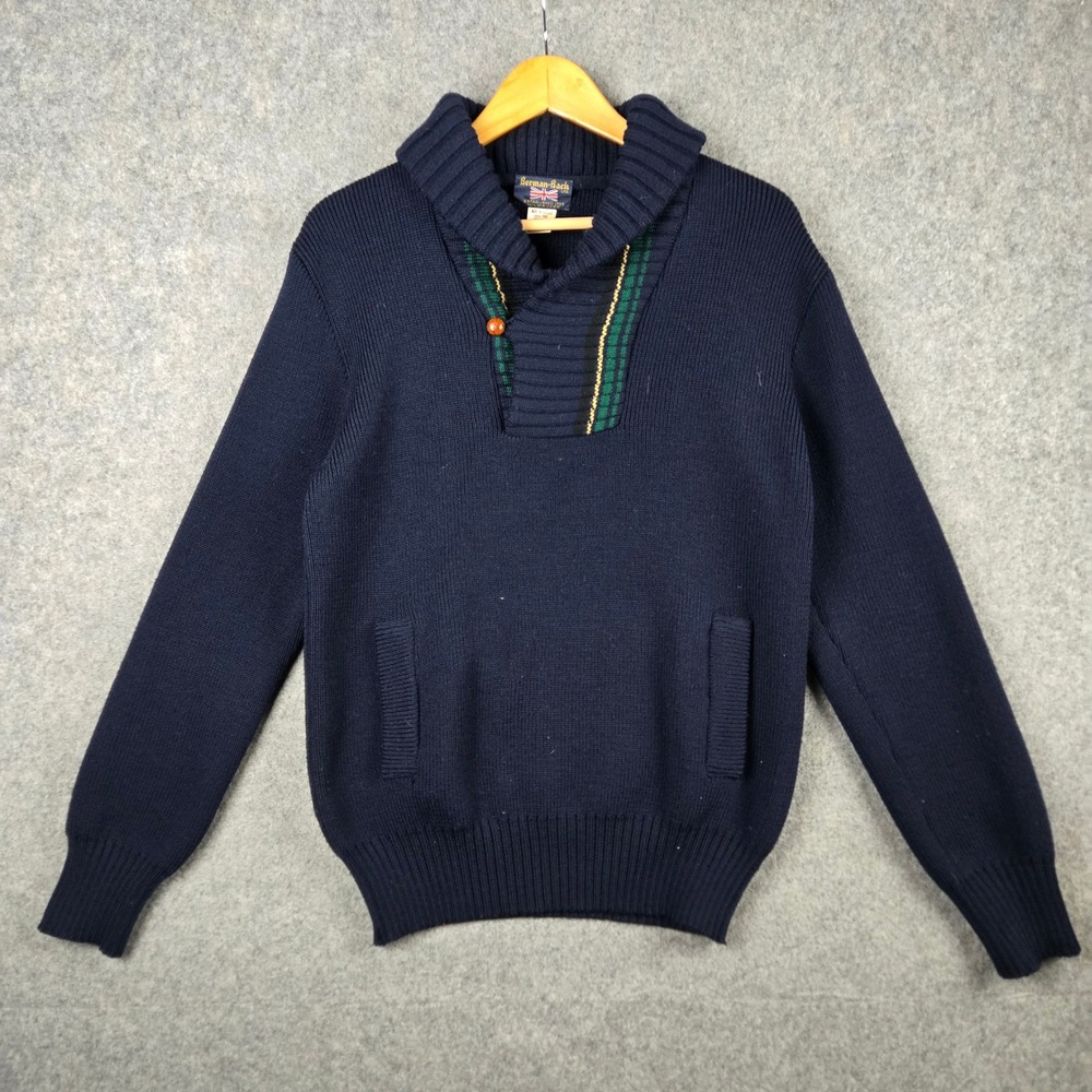 Berman-Bach Shawl Collar Sweater Mens M Navy Blue Wool Plaid‎ Nautical Pullover